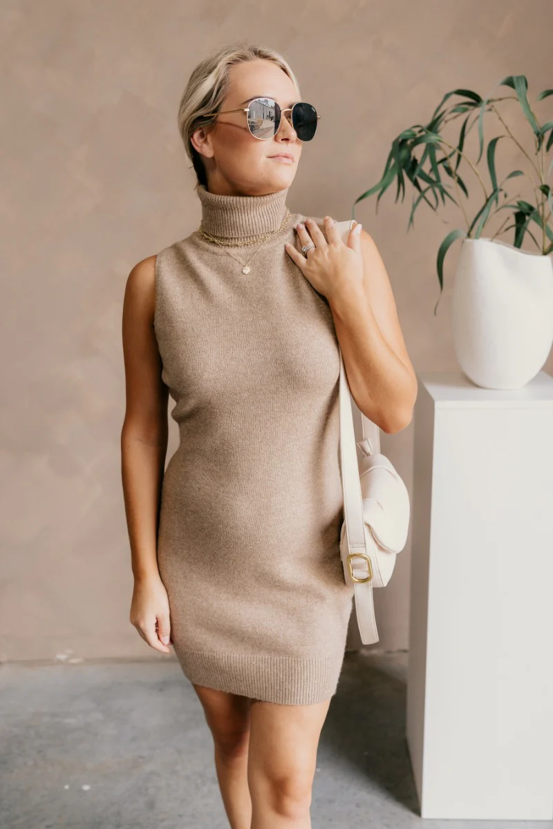 Eva Taupe Sleeveless Turtleneck Sweater Dress - Image 2