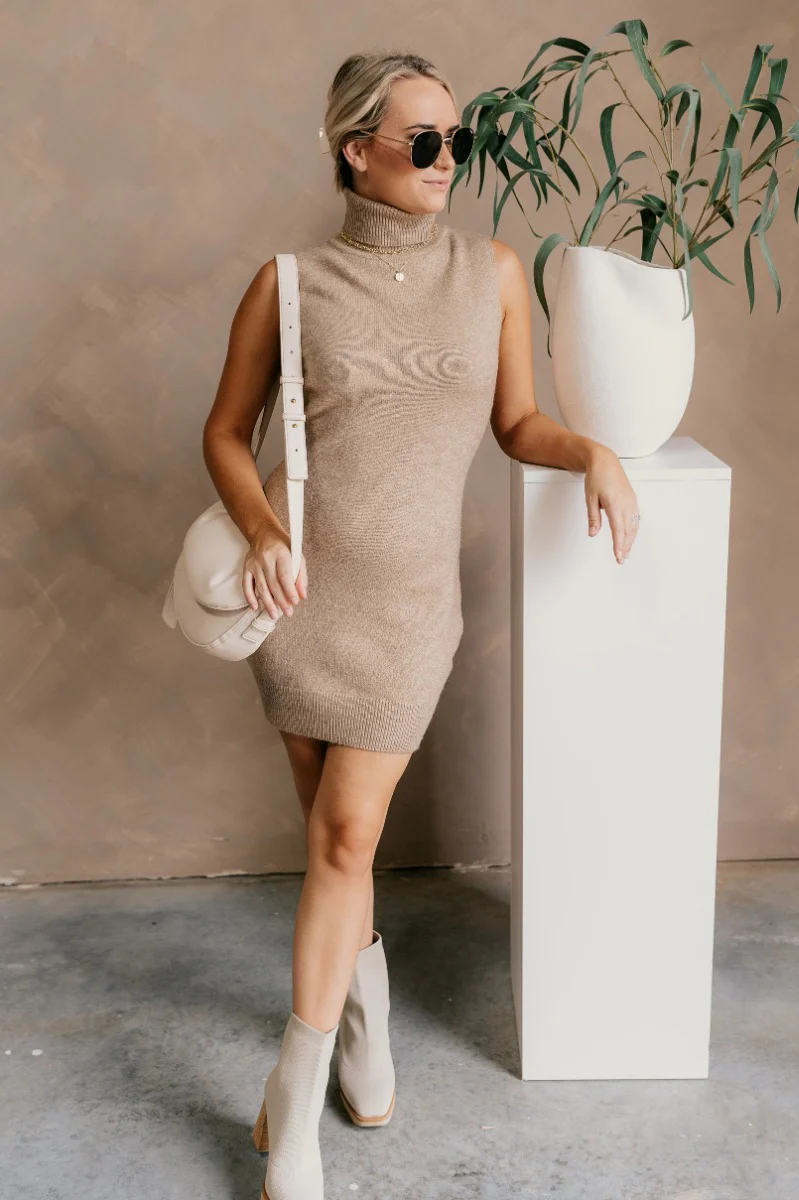 Eva Taupe Sleeveless Turtleneck Sweater Dress - Image 3