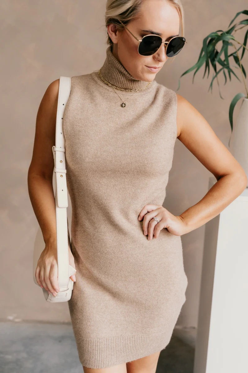 Eva Taupe Sleeveless Turtleneck Sweater Dress - Image 4