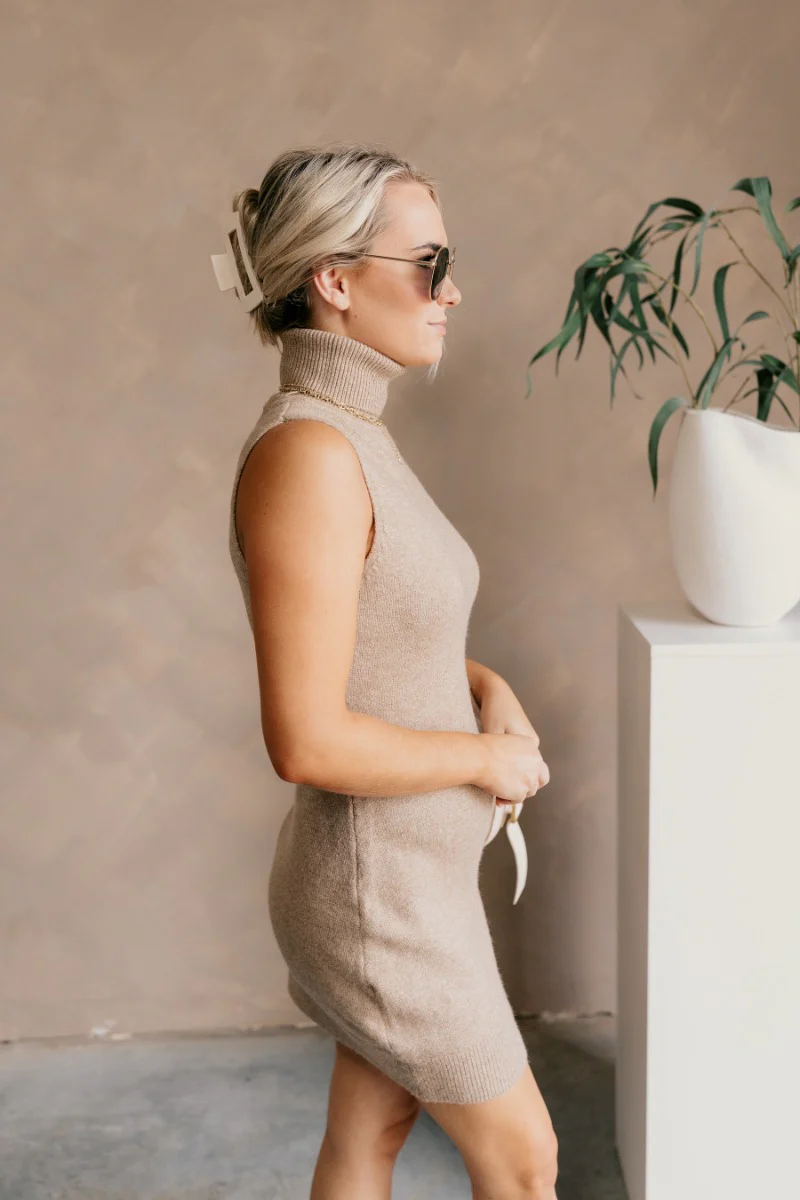 Eva Taupe Sleeveless Turtleneck Sweater Dress - Image 5