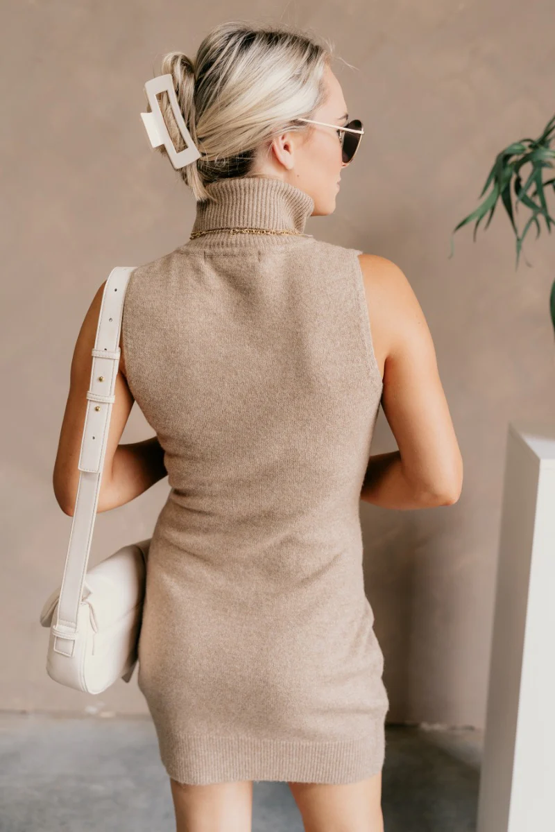 Eva Taupe Sleeveless Turtleneck Sweater Dress - Image 6