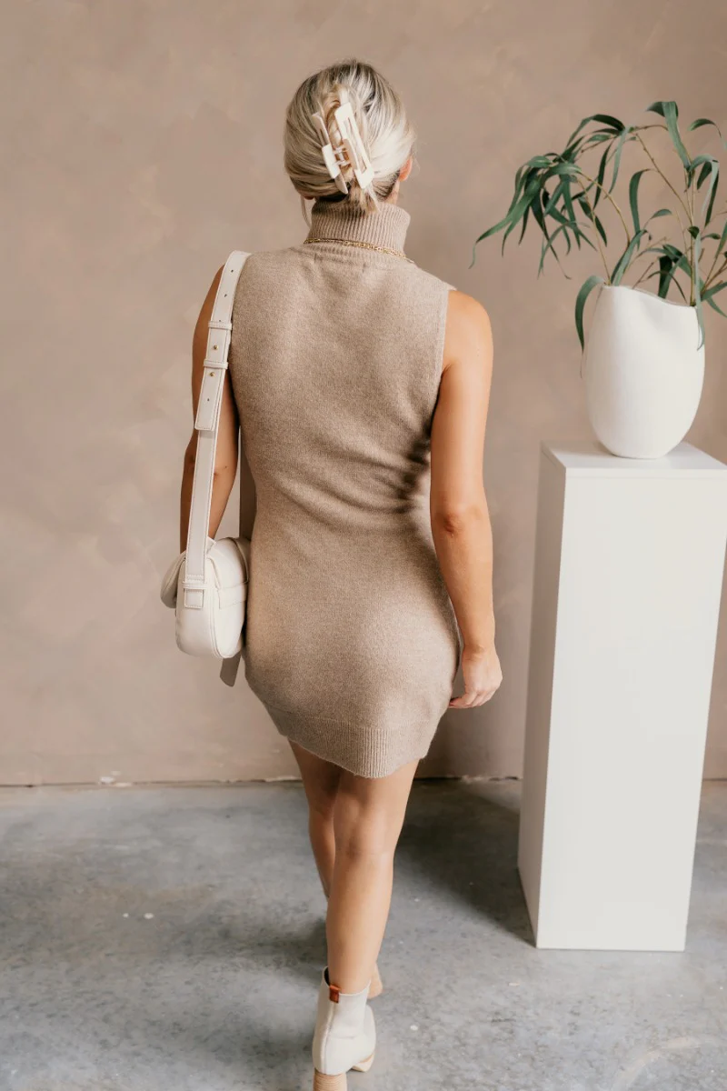 Eva Taupe Sleeveless Turtleneck Sweater Dress - Image 7