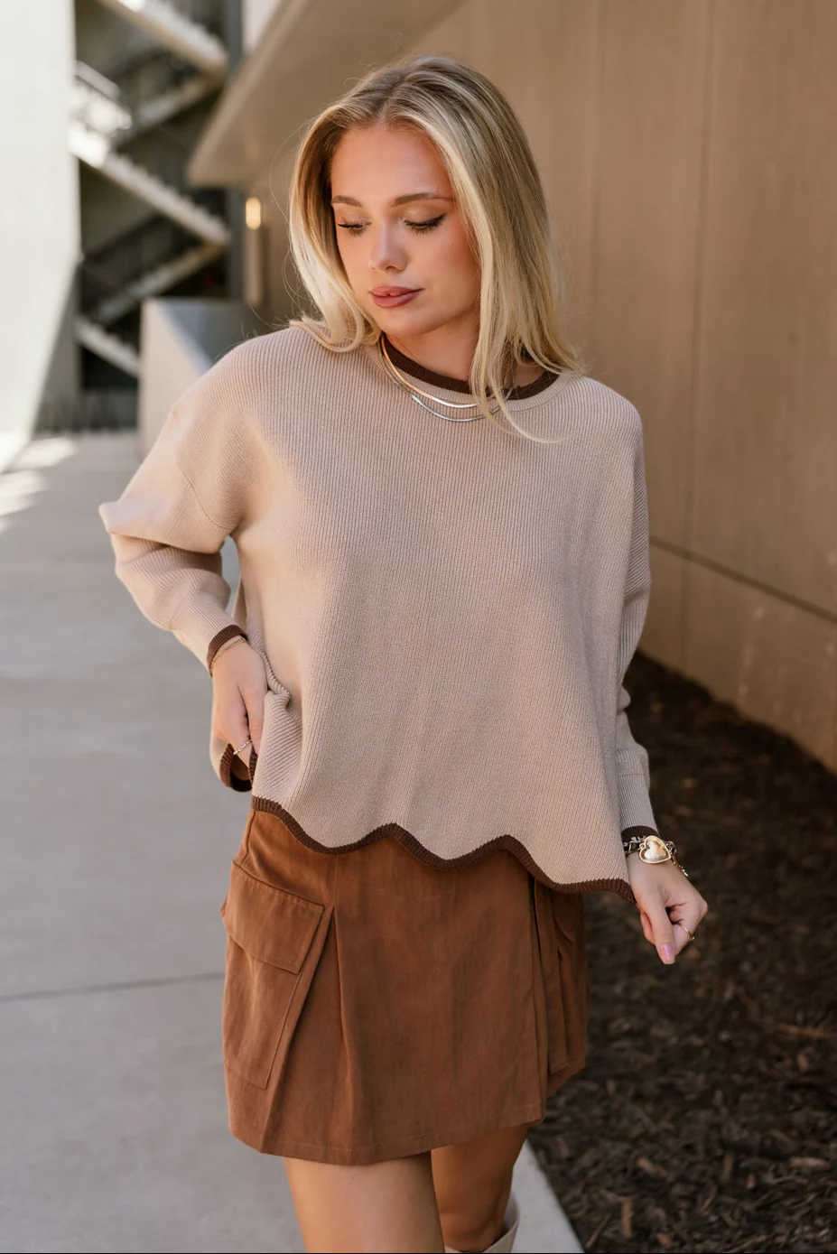 Everlee Mocha & Dark Brown Scallop Sweater