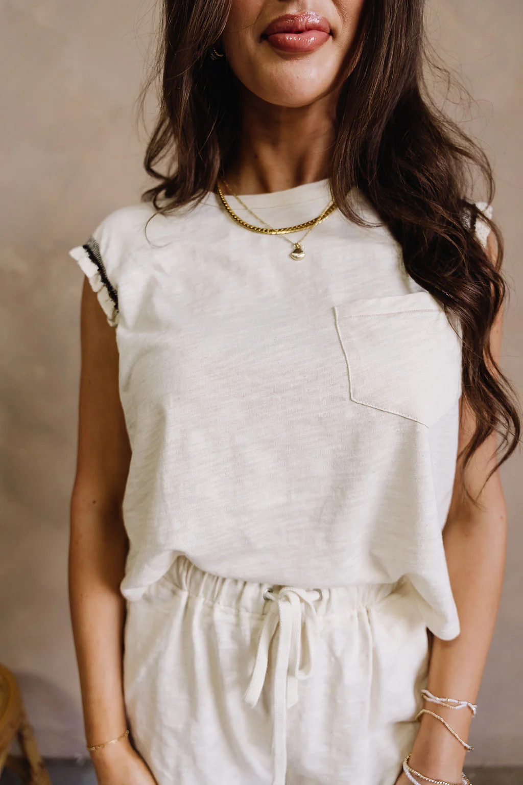 Everly Beige & Black Ruffle Sleeveless Top - Image 2