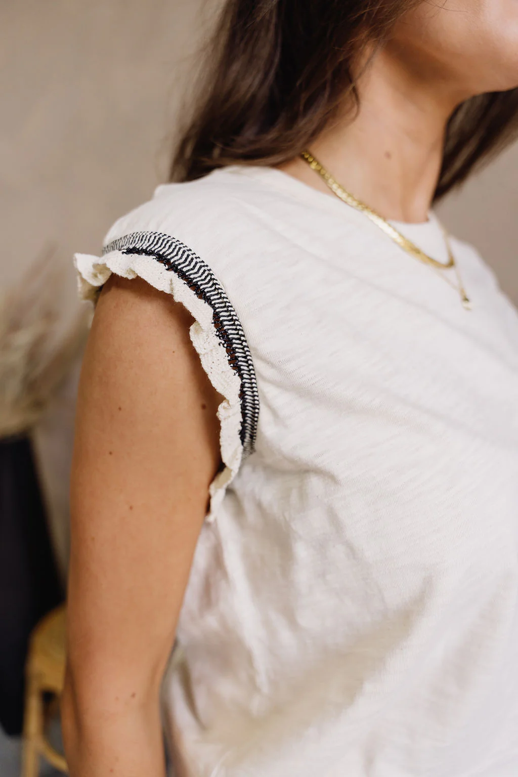 Everly Beige & Black Ruffle Sleeveless Top - Image 3