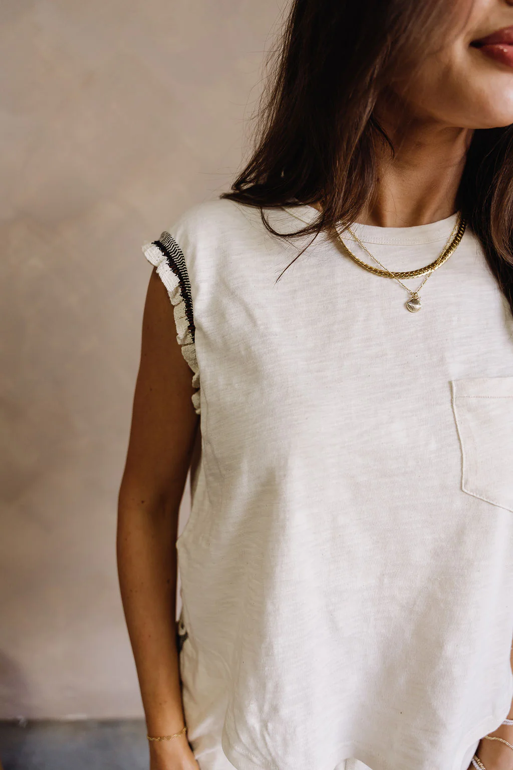 Everly Beige & Black Ruffle Sleeveless Top - Image 5