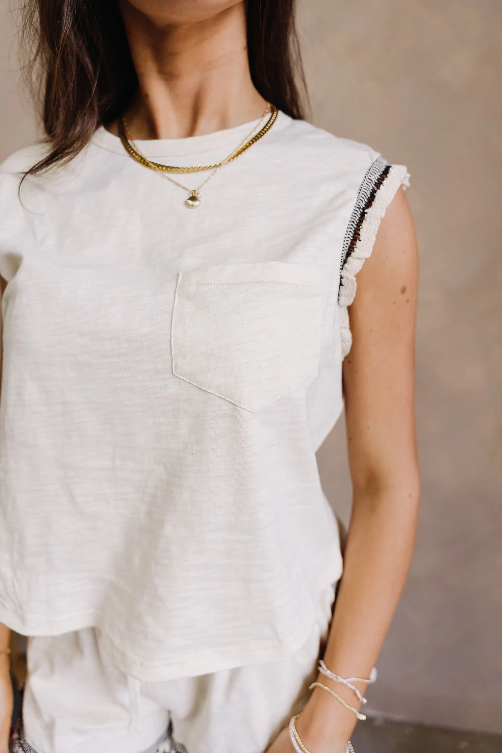Everly Beige & Black Ruffle Sleeveless Top - Image 6