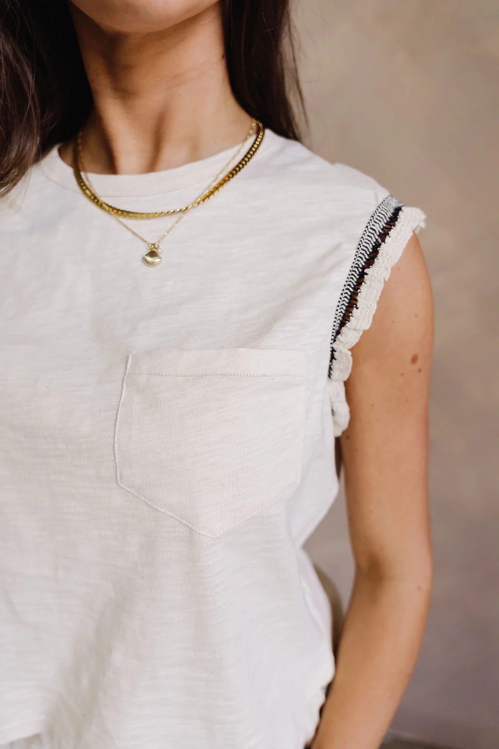 Everly Beige & Black Ruffle Sleeveless Top - Image 7