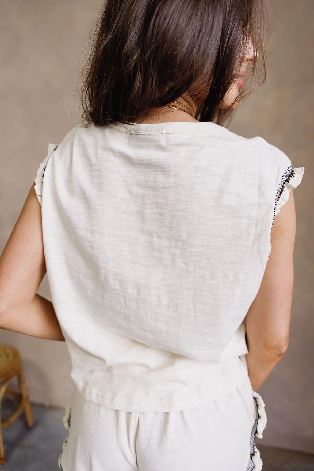 Everly Beige & Black Ruffle Sleeveless Top - Image 9