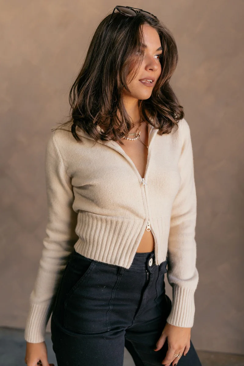 Everly Beige Zip-Up Long Sleeve Sweater