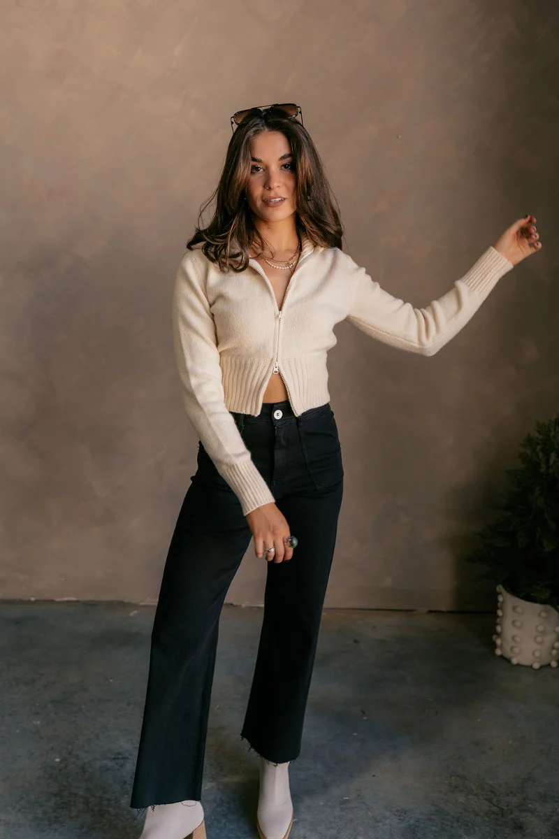 Everly Beige Zip-Up Long Sleeve Sweater - Image 2