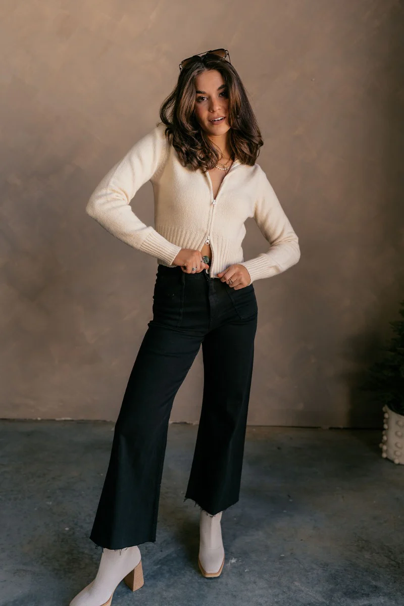 Everly Beige Zip-Up Long Sleeve Sweater - Image 3