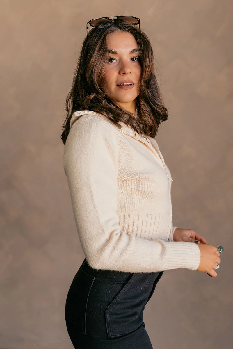 Everly Beige Zip-Up Long Sleeve Sweater - Image 4