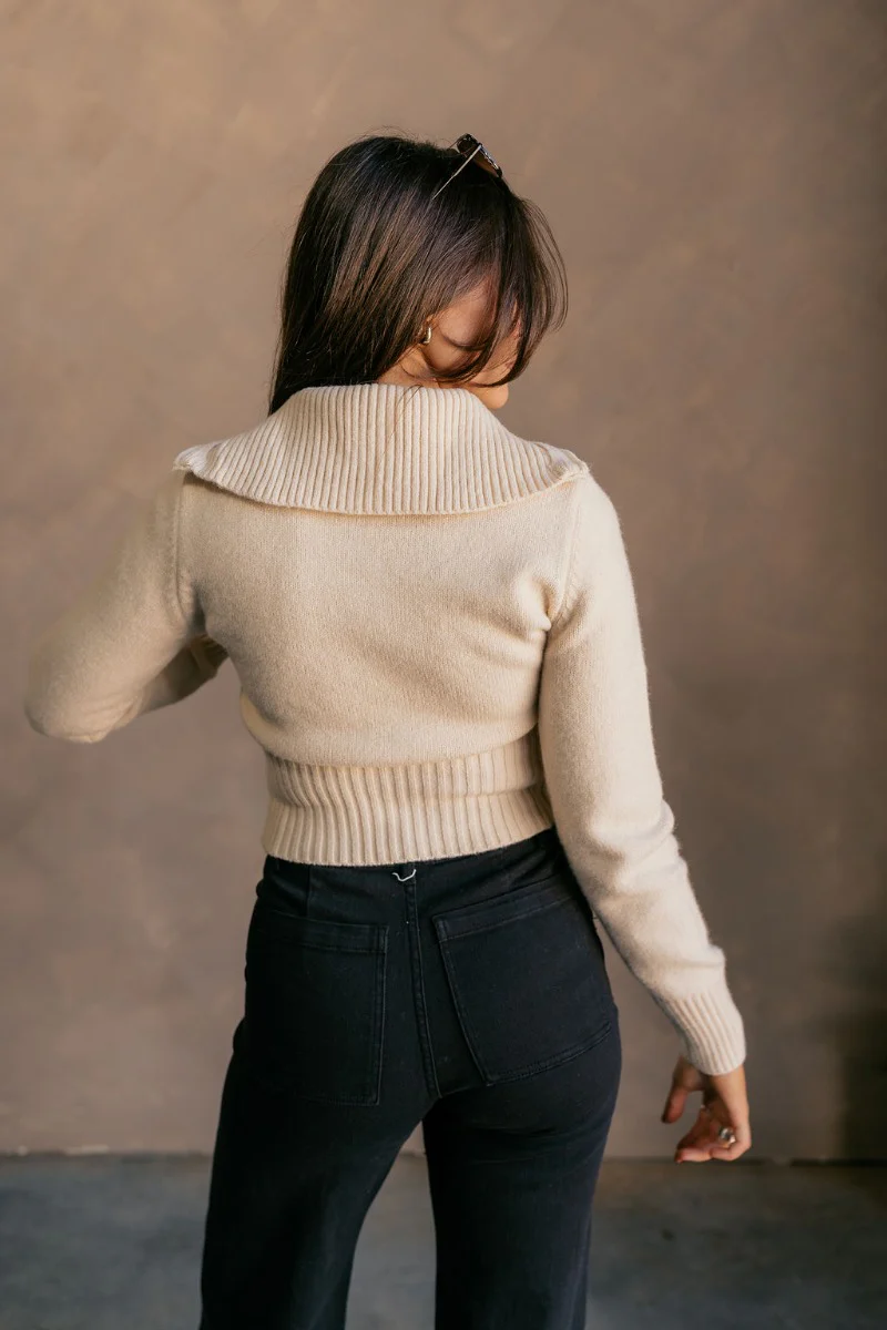 Everly Beige Zip-Up Long Sleeve Sweater - Image 5