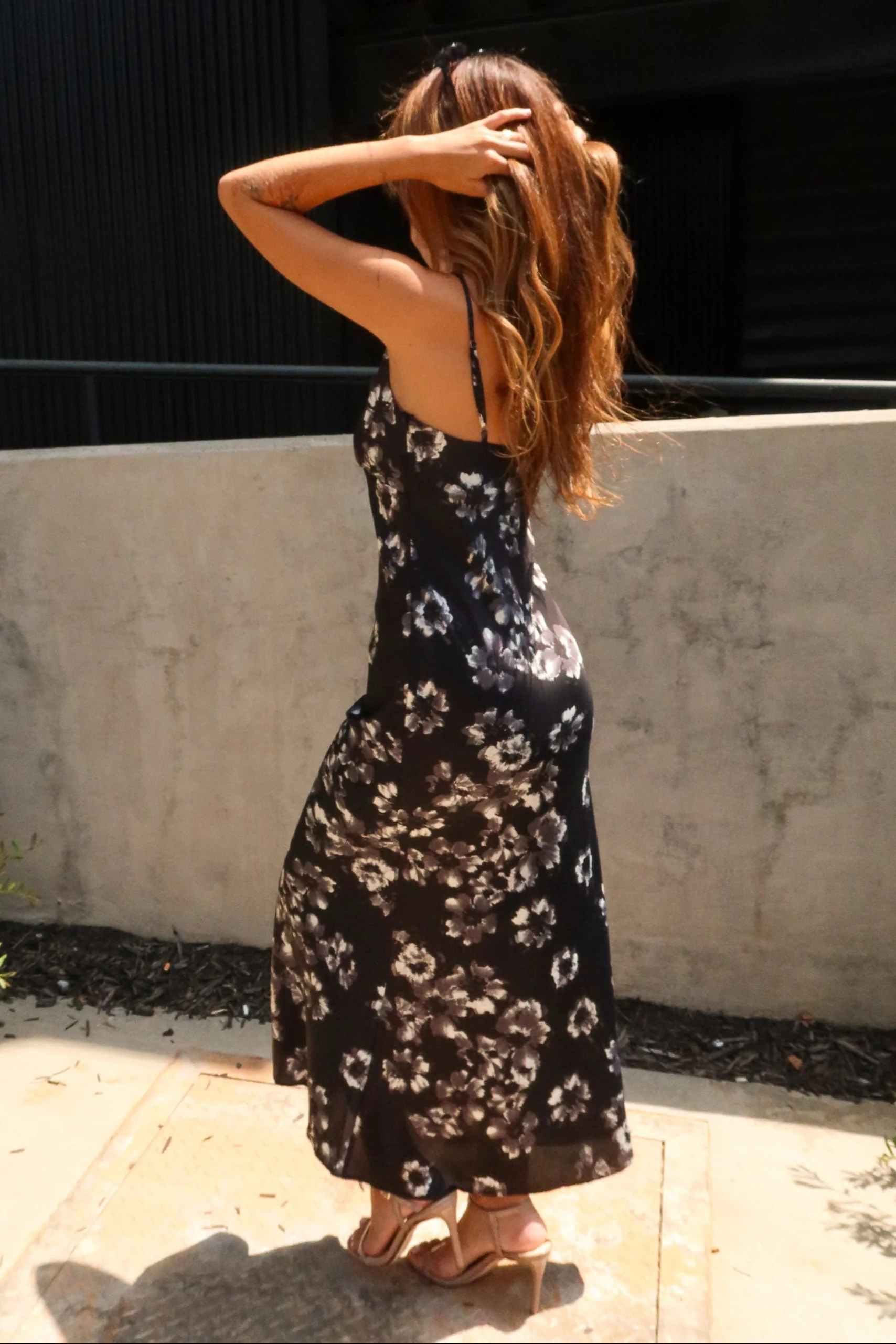 Everly Black Floral Satin Midi Dress - Image 5