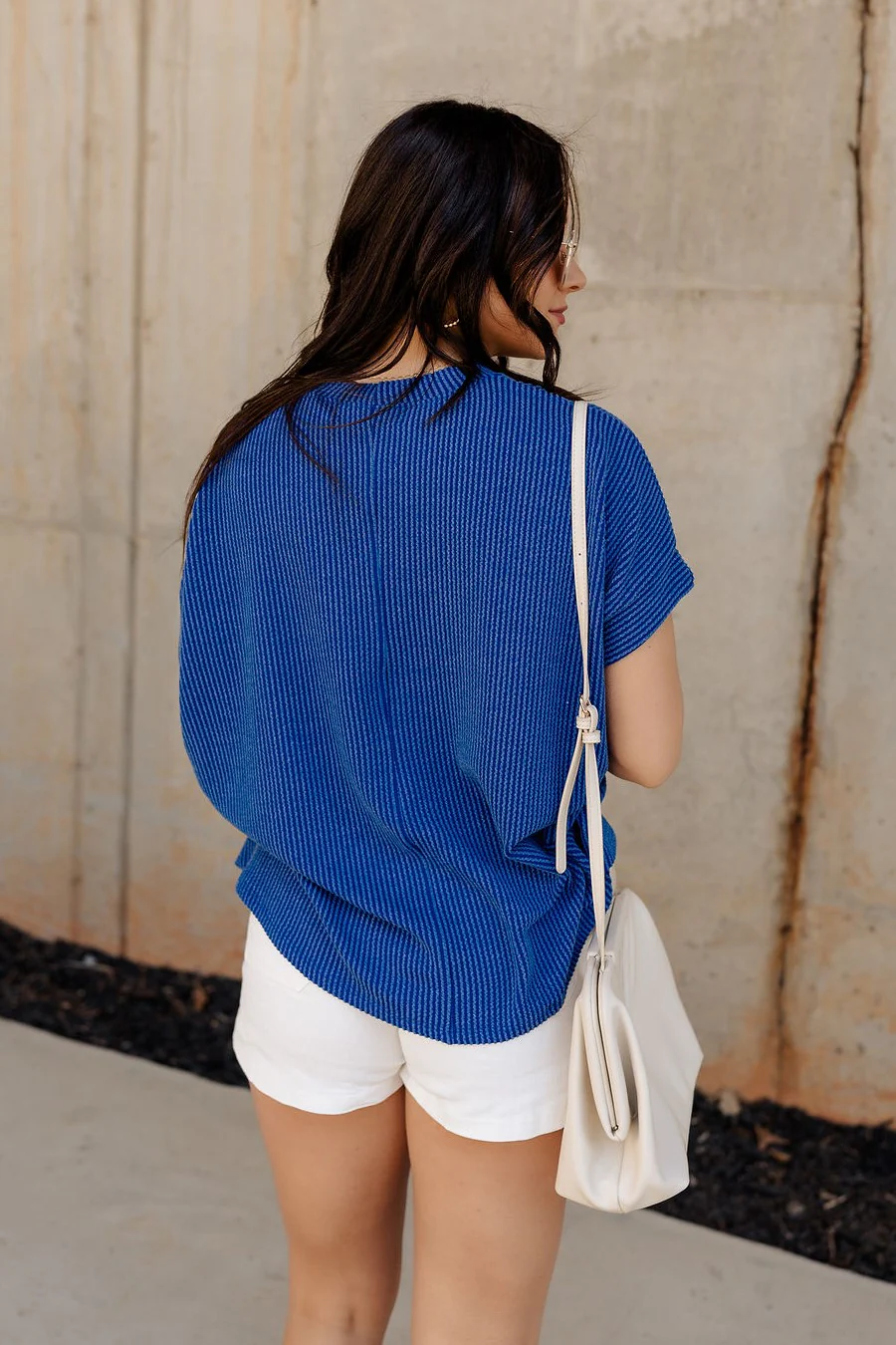 Everly Blue Ribbed Short Sleeve Top - Image 4