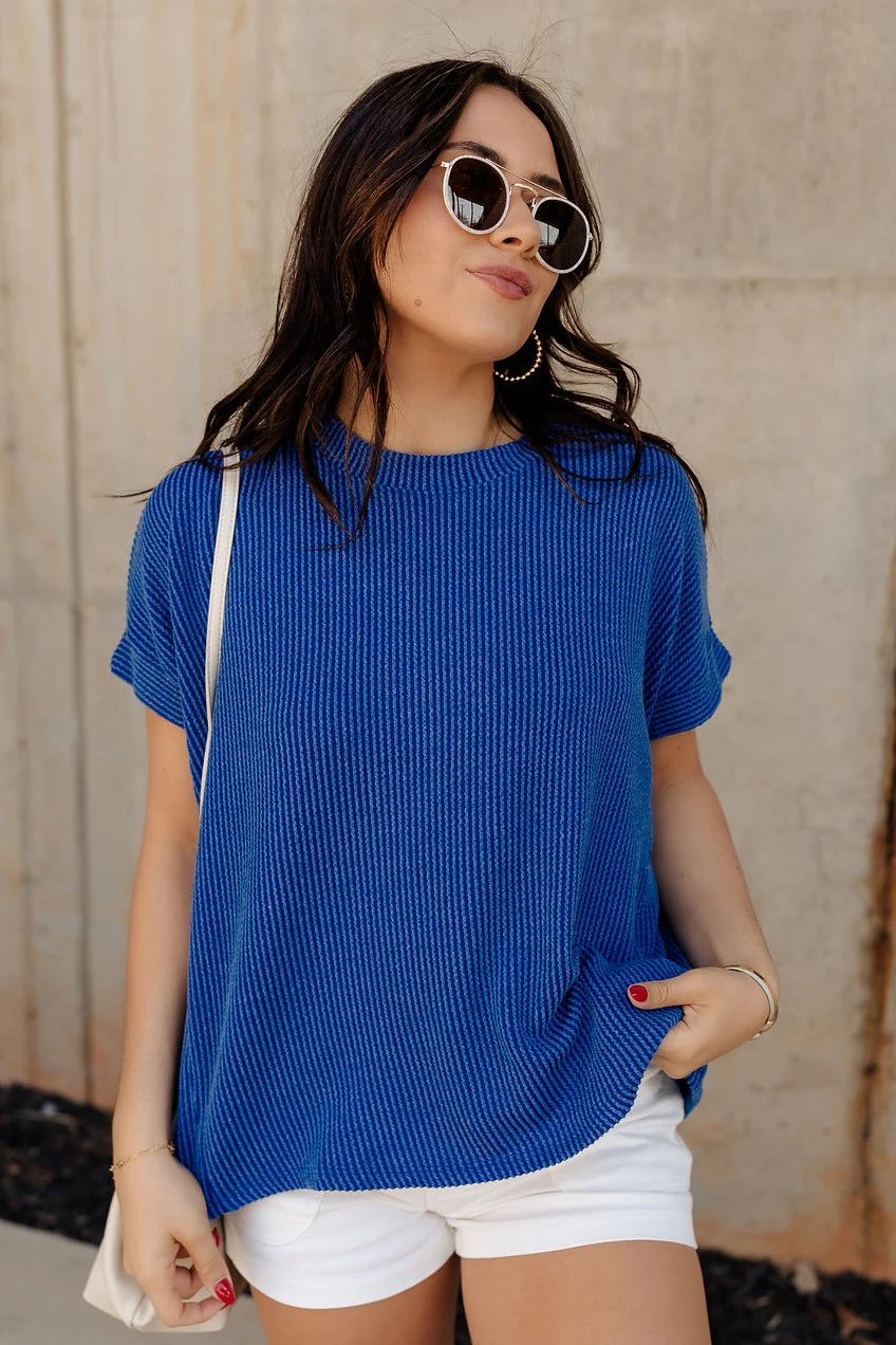 Everly Blue Ribbed Short Sleeve Top - Image 5