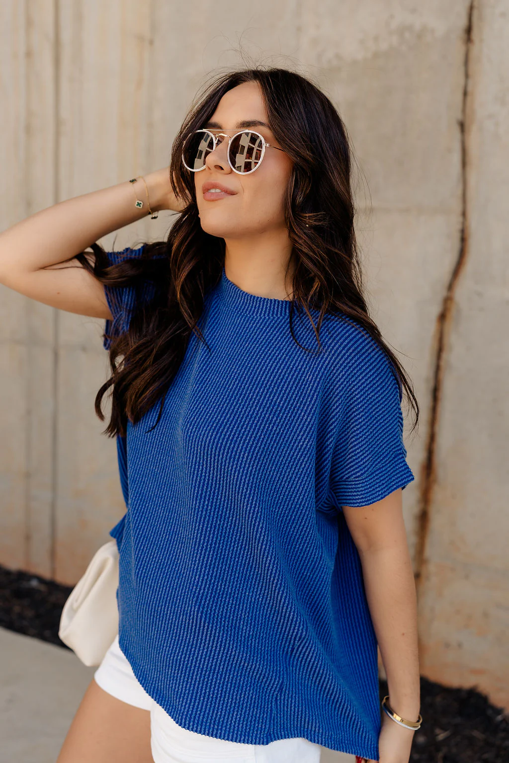 Everly Blue Ribbed Short Sleeve Top - Image 7