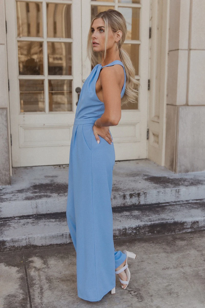 Everly Chambray Blue Halter Neckline Jumpsuit - Image 5