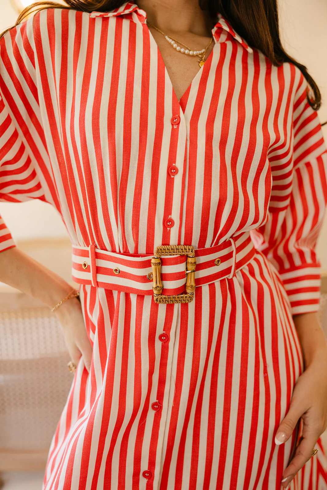 Everly Coral Red & Ivory Linen Stripe Belt Dress - Image 3