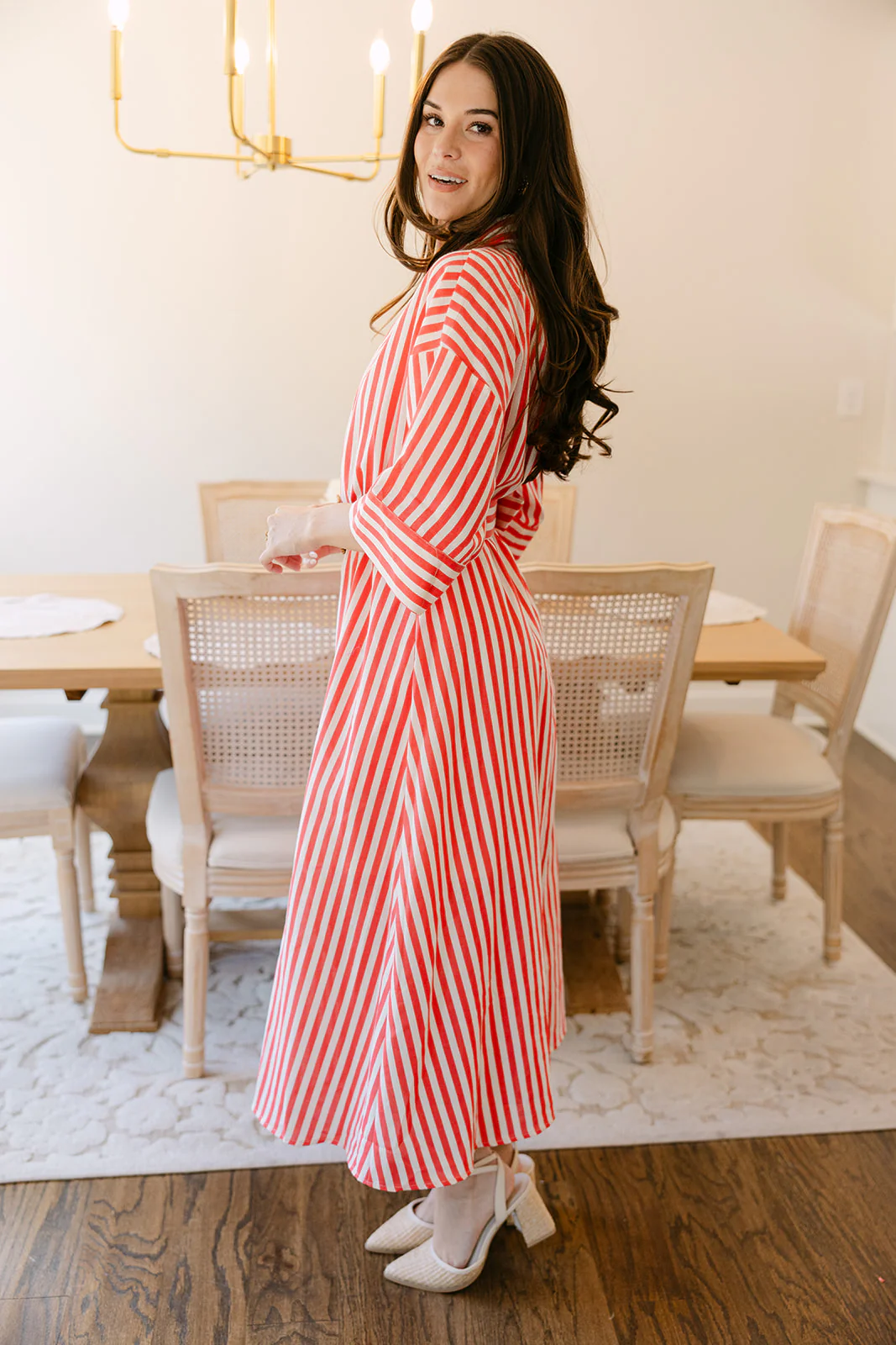 Everly Coral Red & Ivory Linen Stripe Belt Dress - Image 4