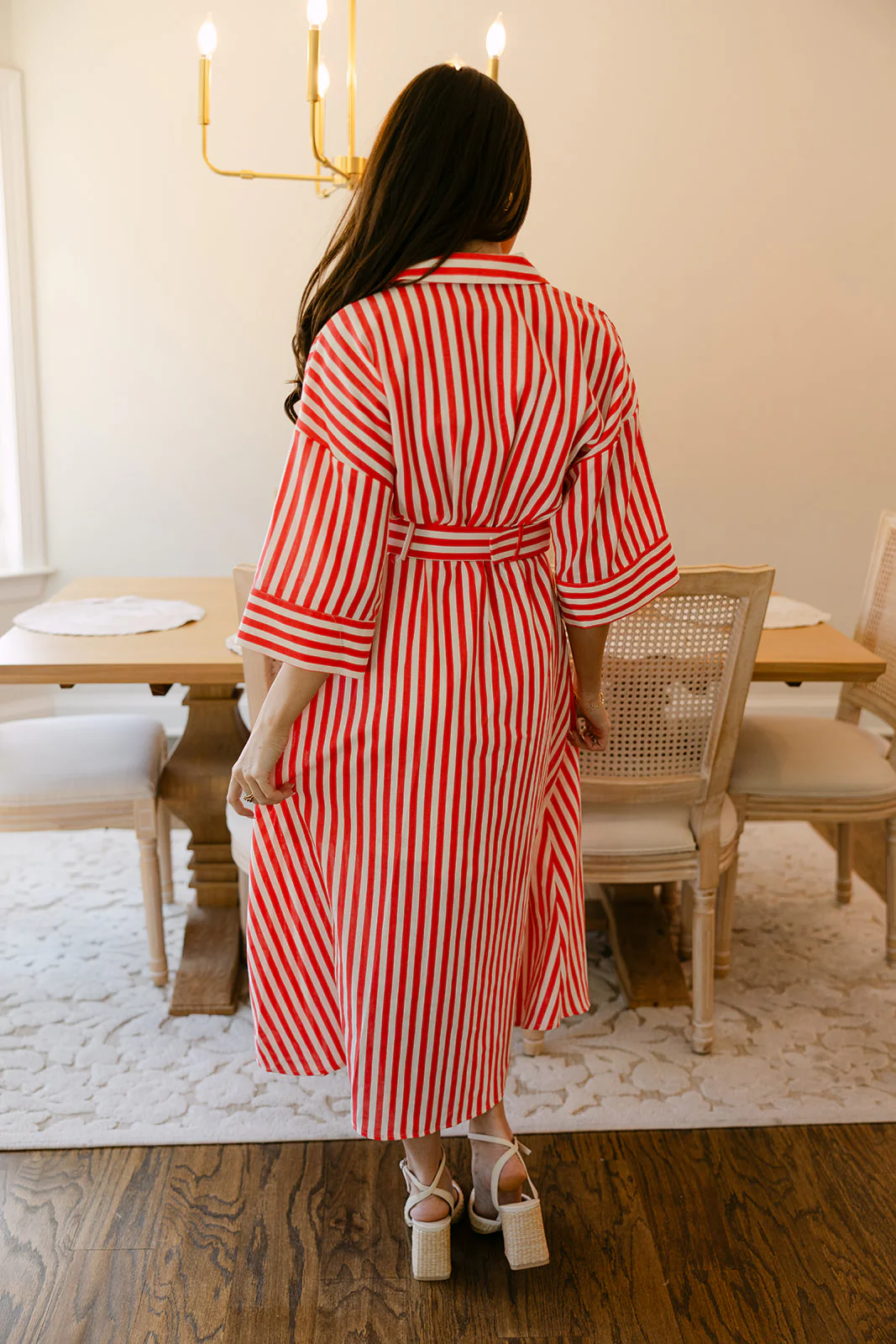 Everly Coral Red & Ivory Linen Stripe Belt Dress - Image 5