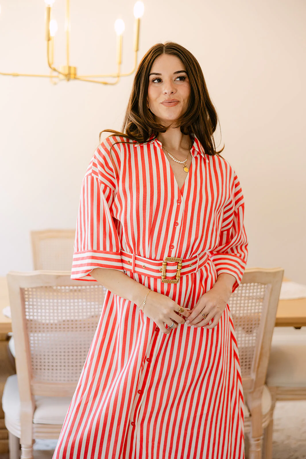 Everly Coral Red & Ivory Linen Stripe Belt Dress - Image 6