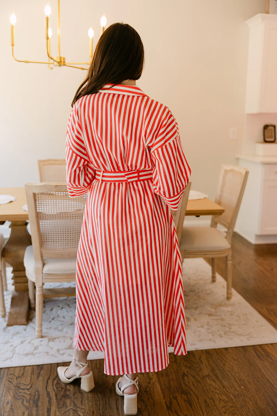 Everly Coral Red & Ivory Linen Stripe Belt Dress - Image 7
