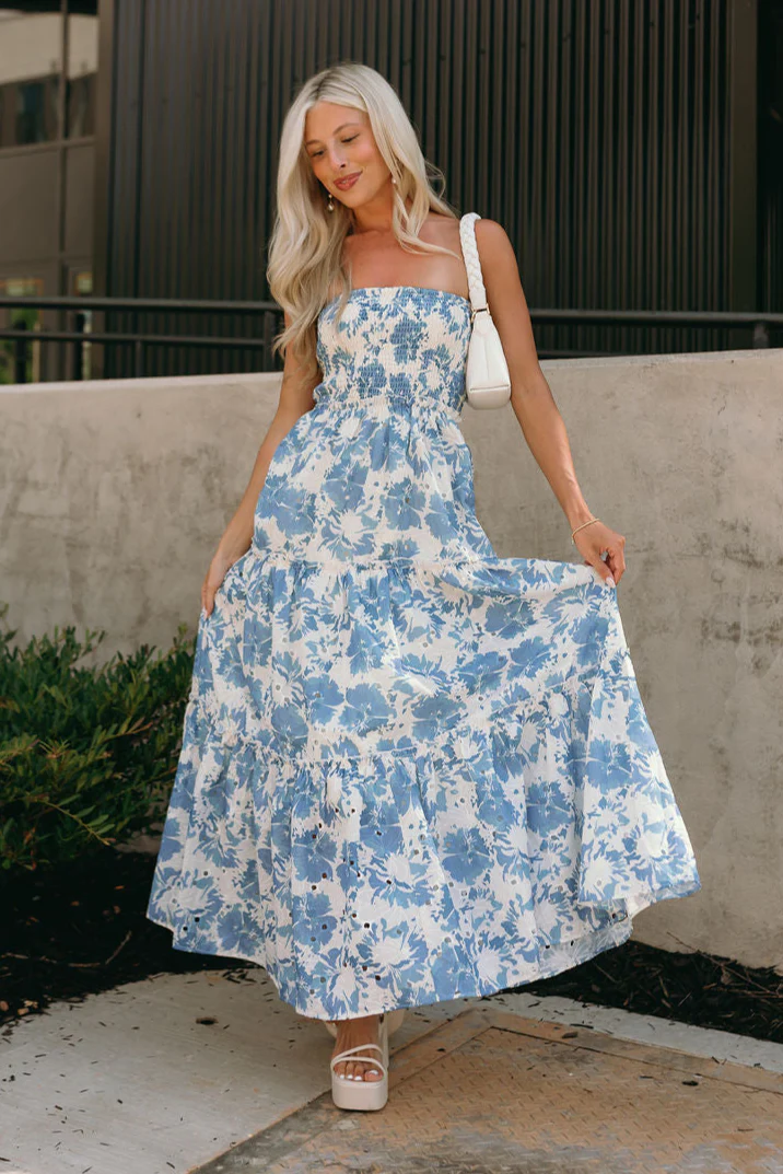 Everly Cream & Blue Floral Strapless Maxi Dress - Image 4