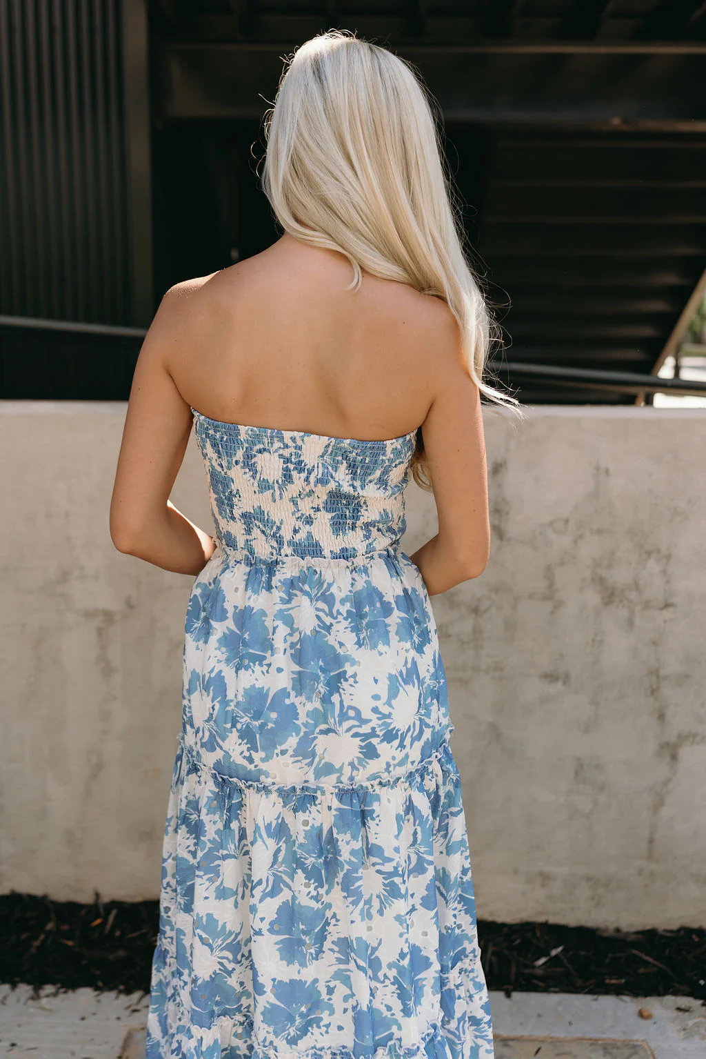 Everly Cream & Blue Floral Strapless Maxi Dress - Image 8