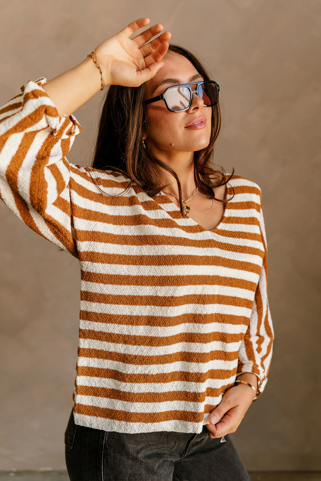 Everly Cream & Spice Brown Stripe Sweater - Image 2