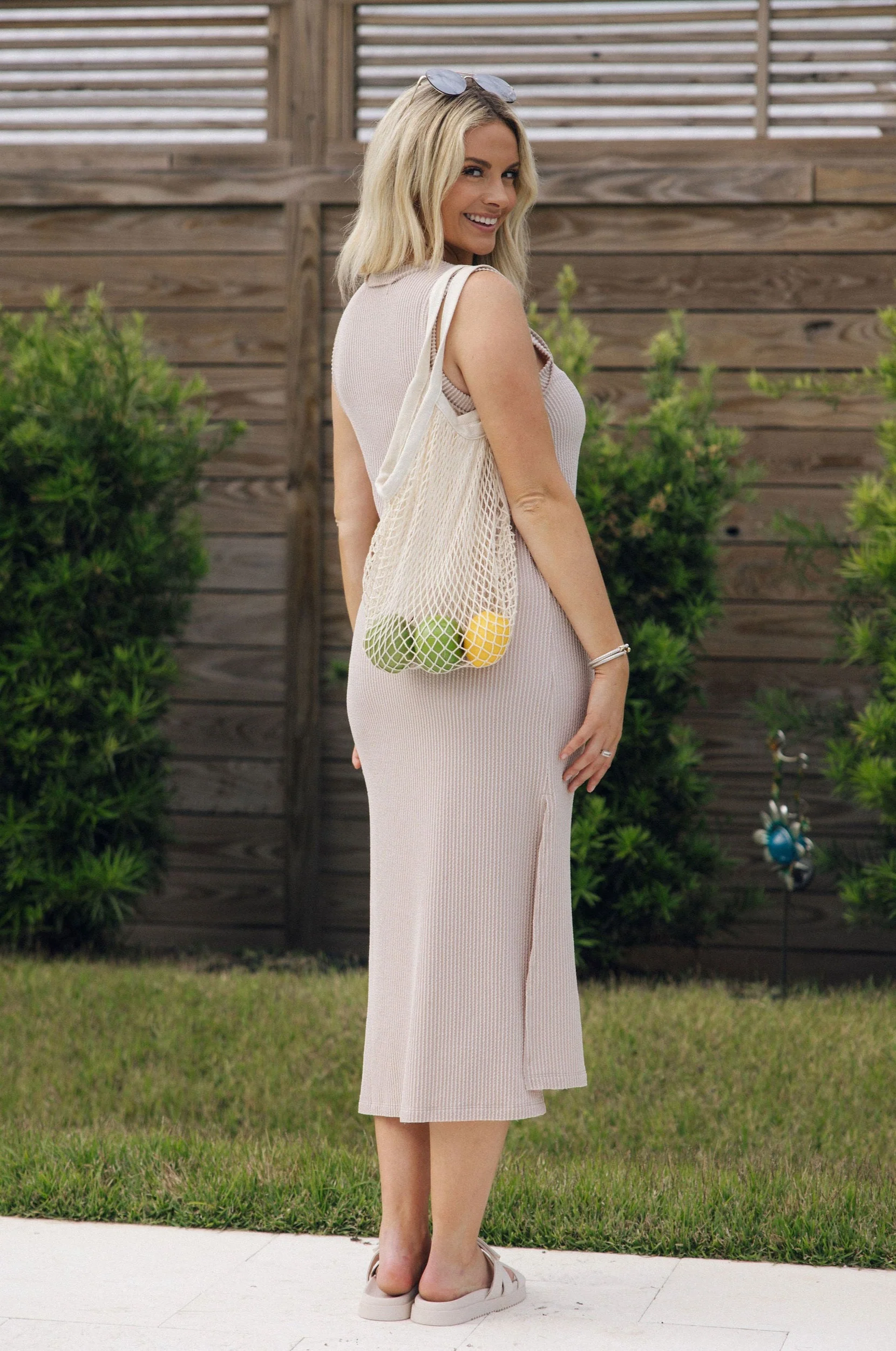 Everly Light Taupe Ribbed Sleeveless Midi Dress - Image 2