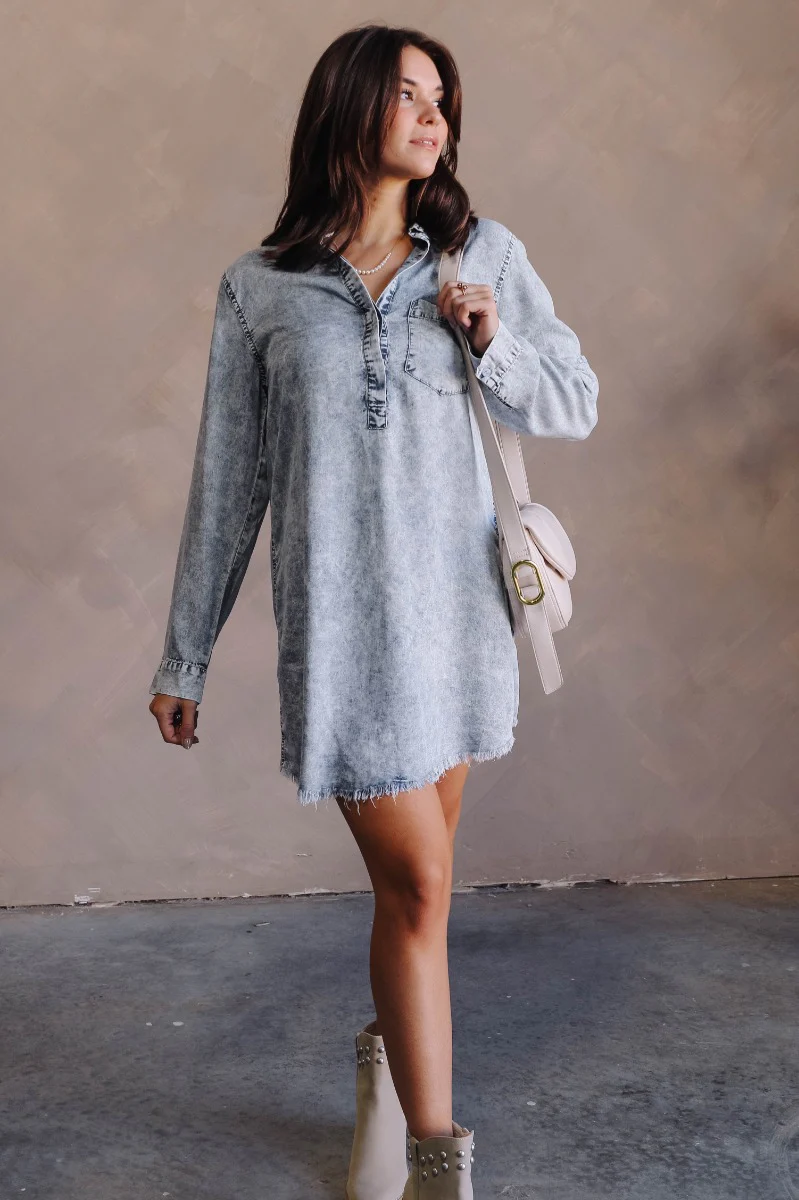 Everly Light Washed Denim Long Sleeve Dress - Image 2
