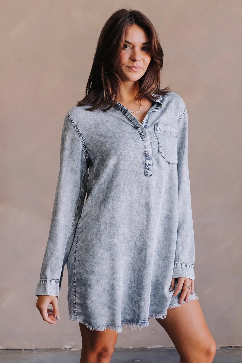 Everly Light Washed Denim Long Sleeve Dress - Image 6