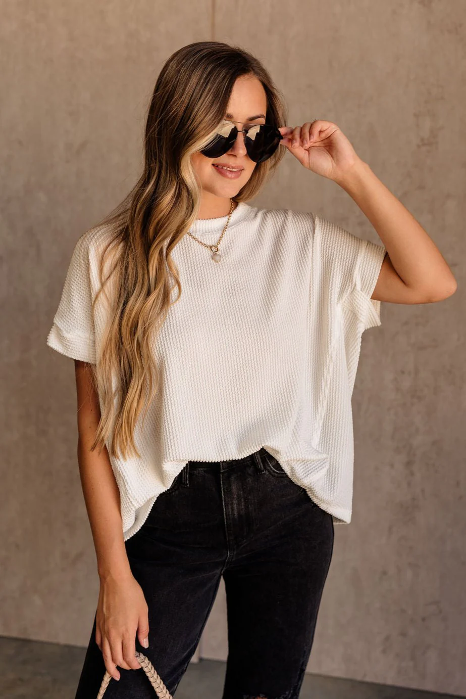 Everly Off White Ribbed Short Sleeve Top