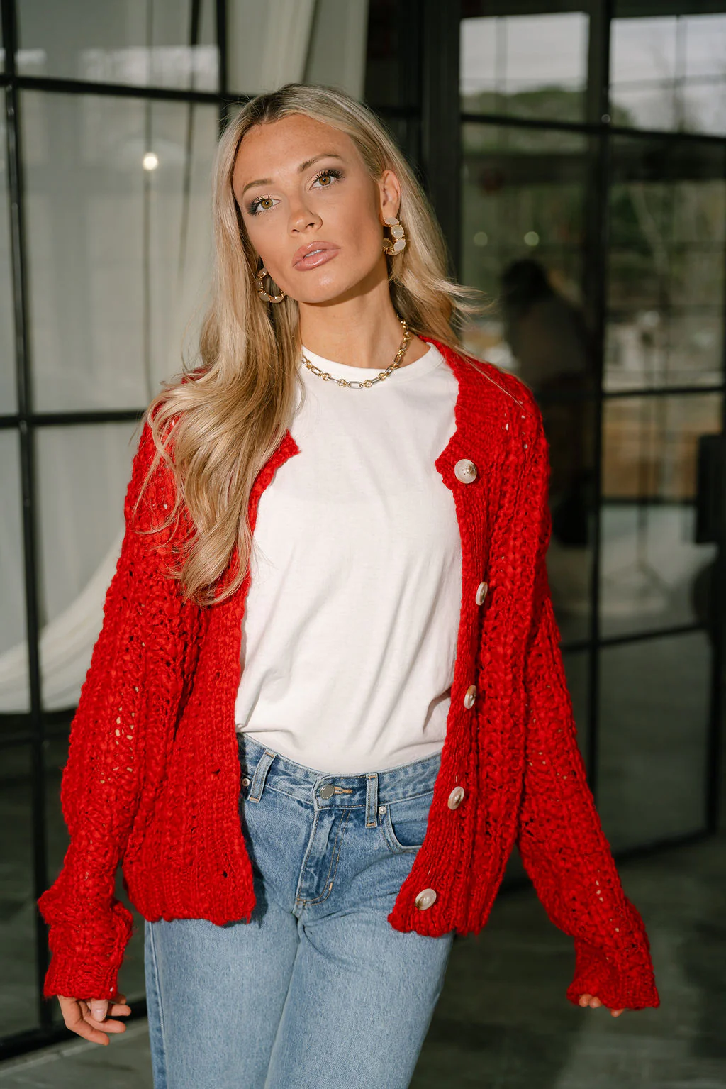 Everly Red Chunky Knit Cardigan