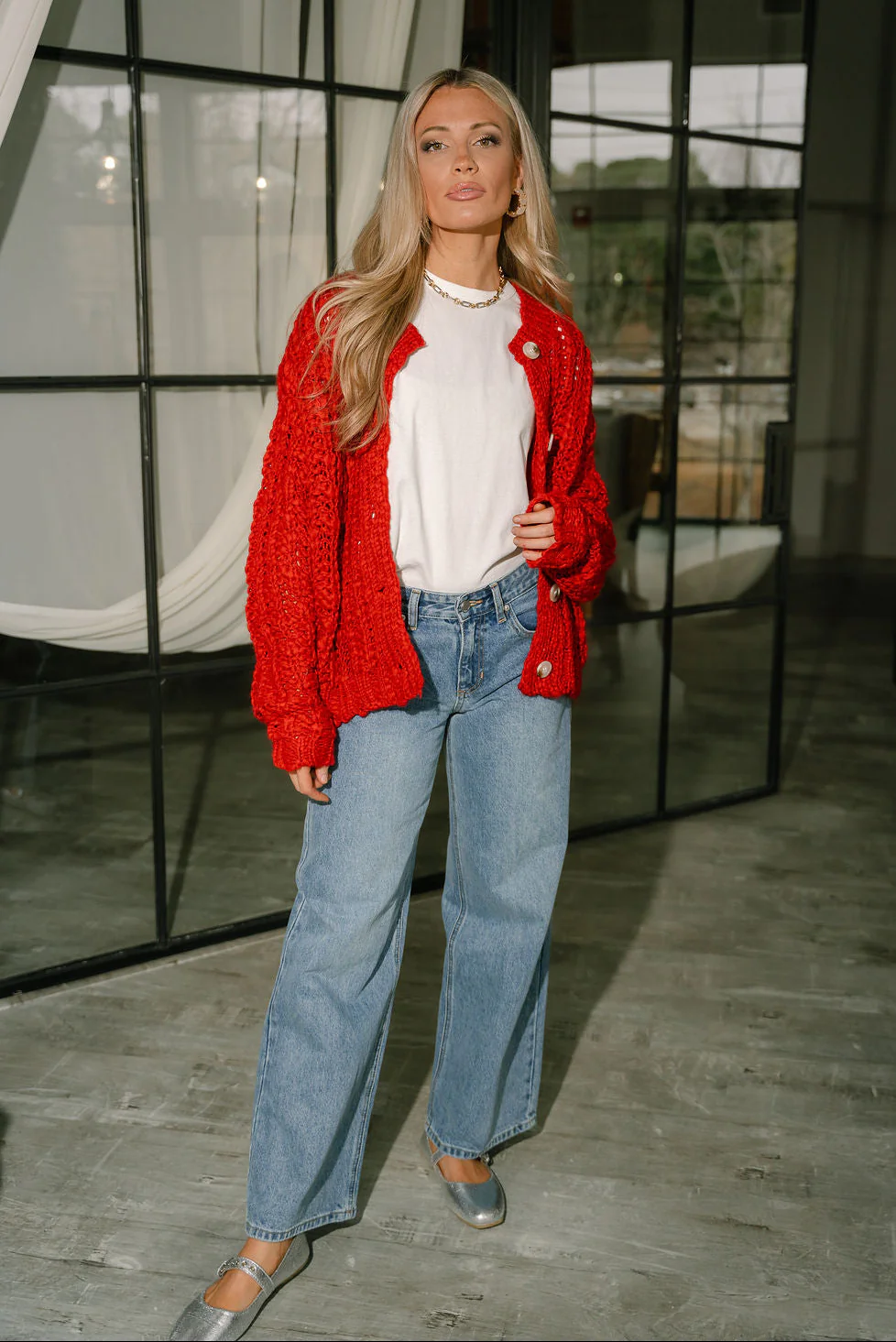 Everly Red Chunky Knit Cardigan - Image 6