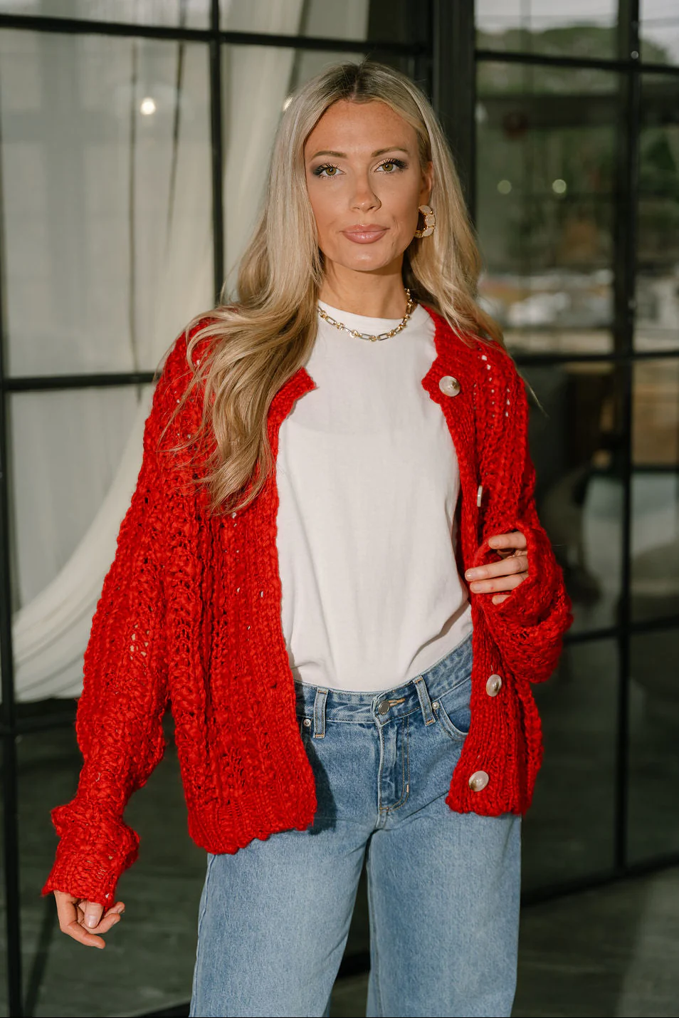 Everly Red Chunky Knit Cardigan - Image 7