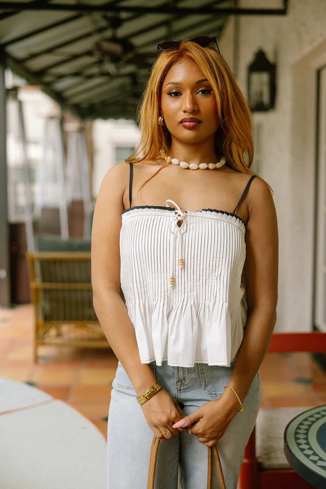 Everly White & Navy Pleated Flare Tank - Image 5