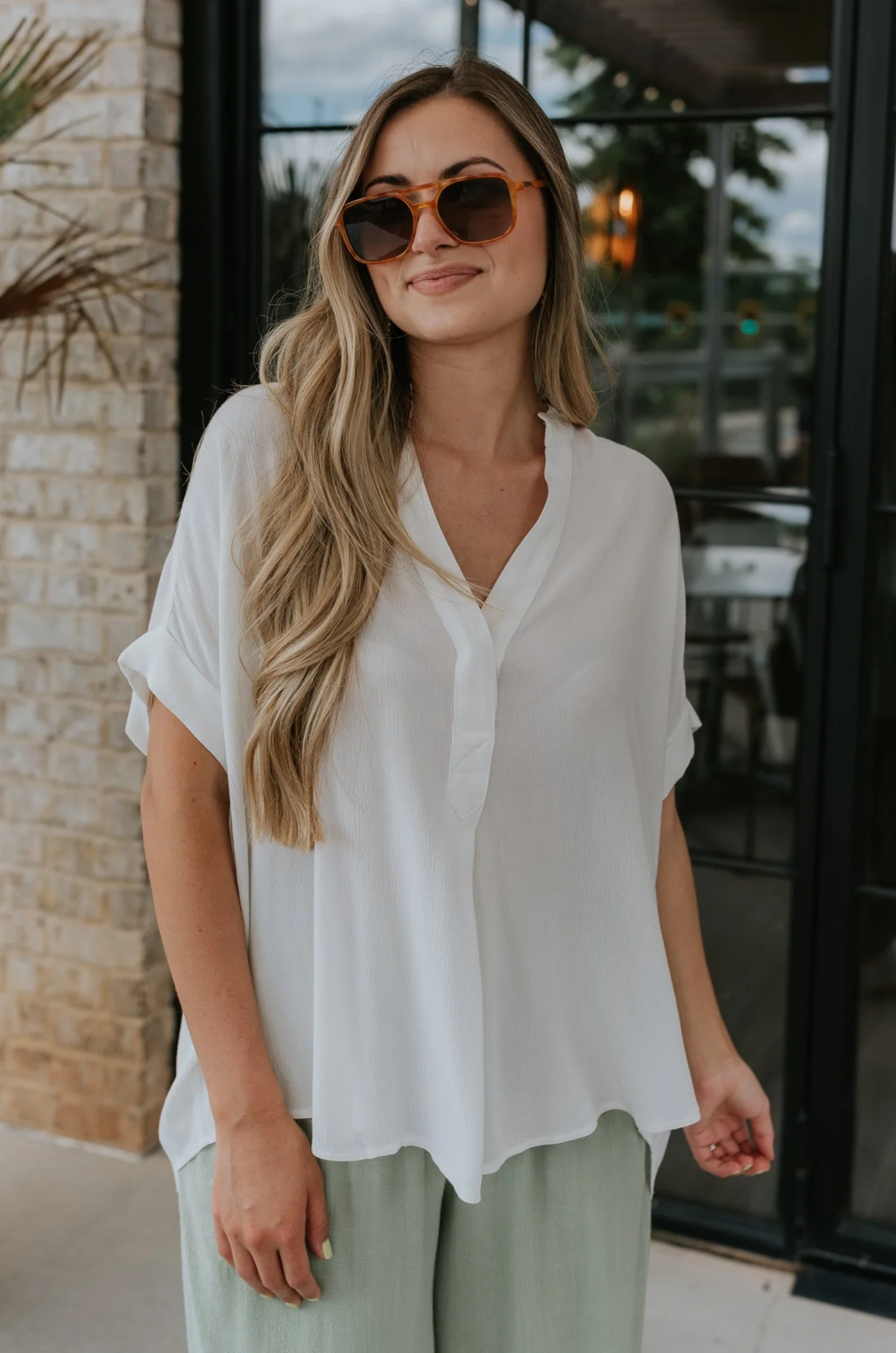 Evie White Short Sleeve Button-Up Top