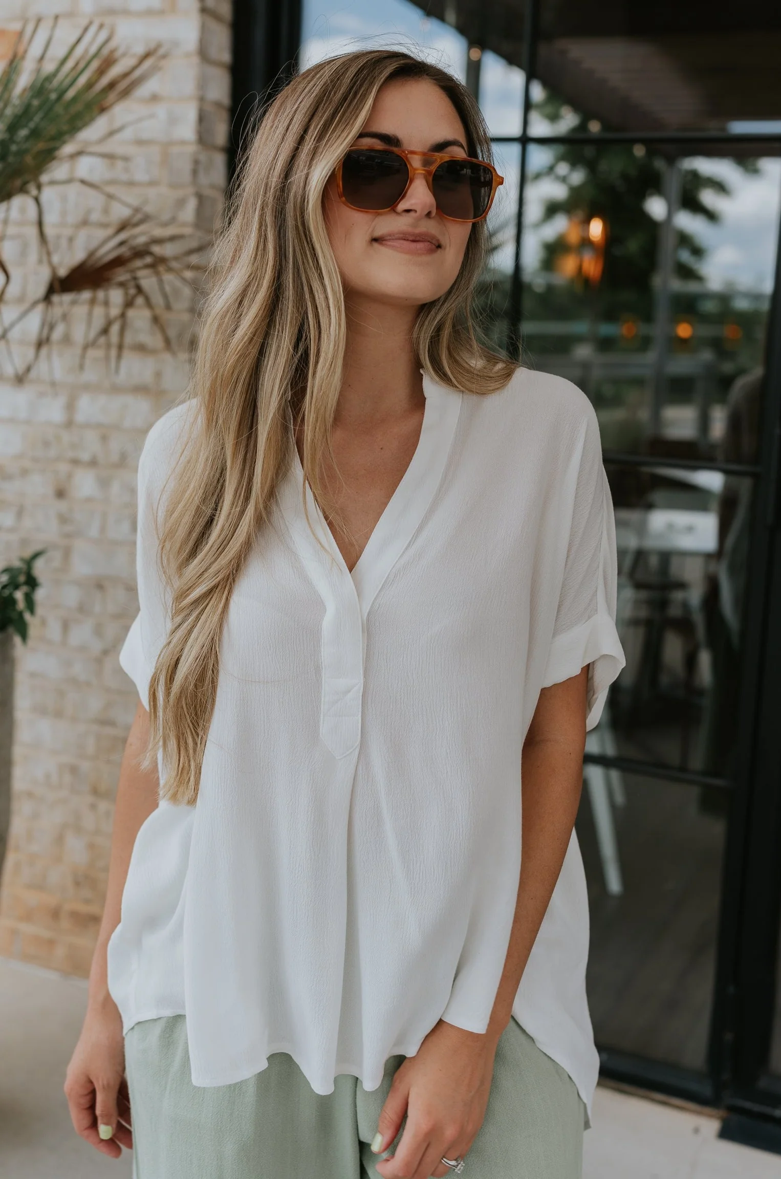 Evie White Short Sleeve Button-Up Top - Image 5