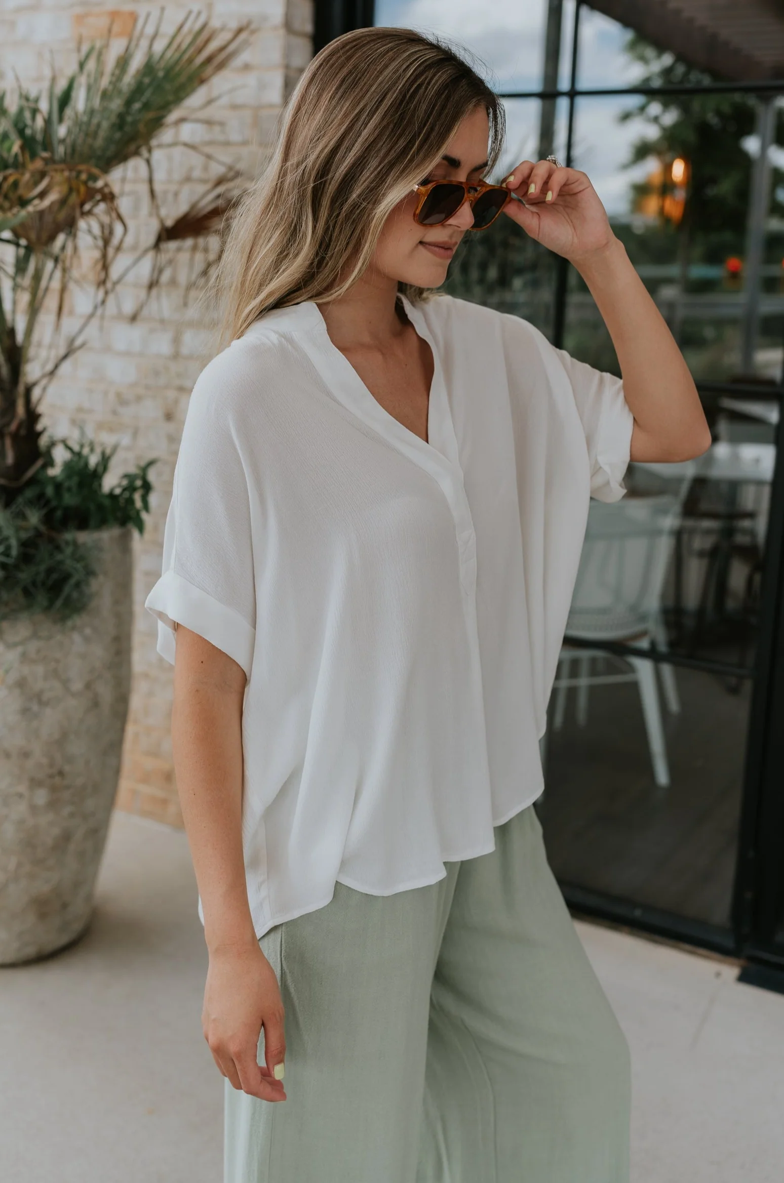 Evie White Short Sleeve Button-Up Top - Image 6