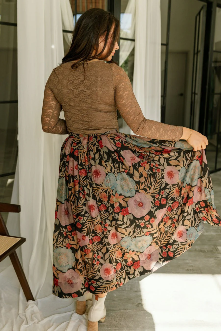 Faith Black Multi Floral Midi Skirt - Image 3
