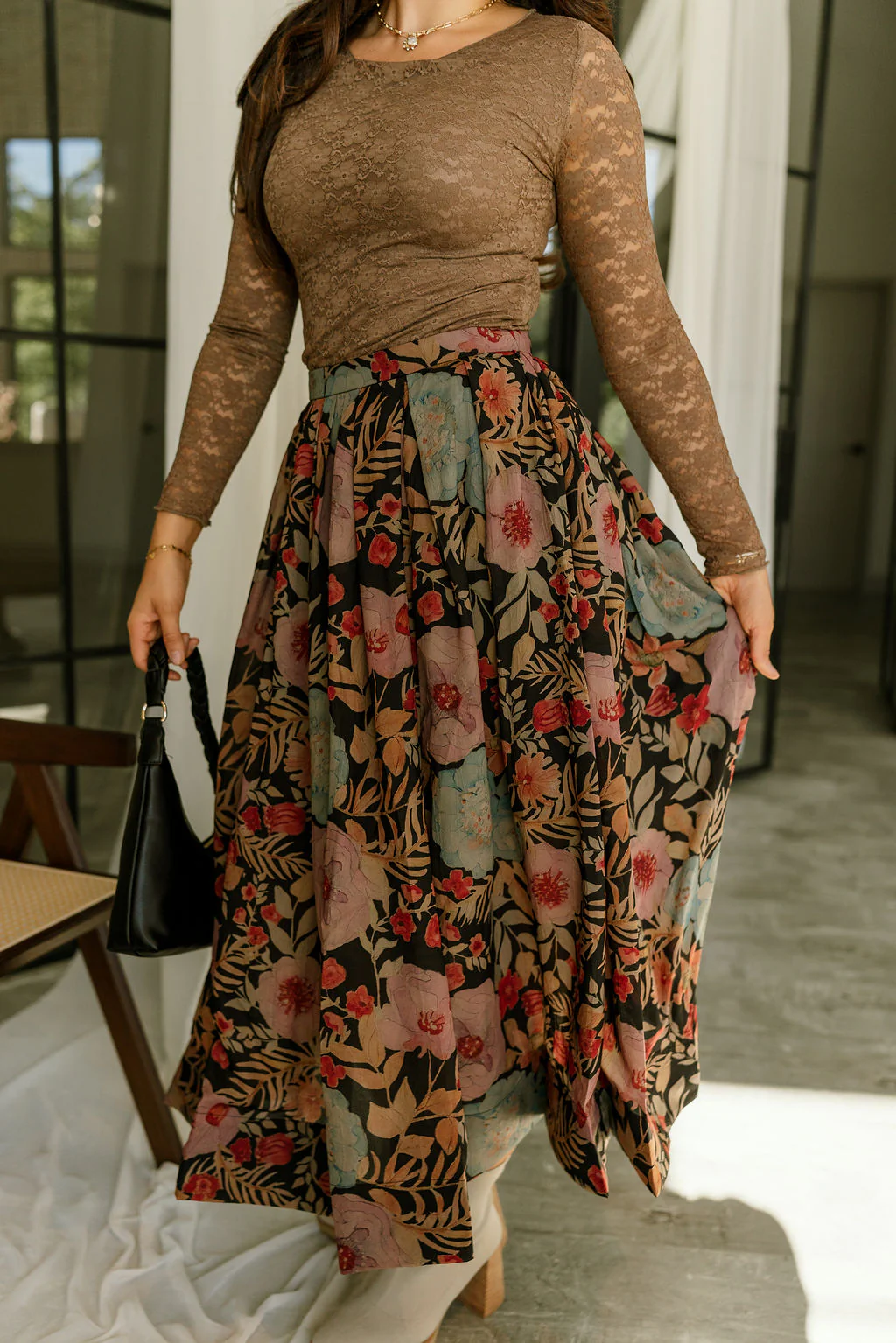 Faith Black Multi Floral Midi Skirt - Image 4