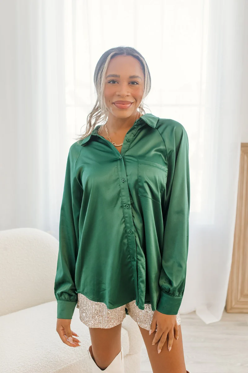 Fancy Me Satin Top in Green