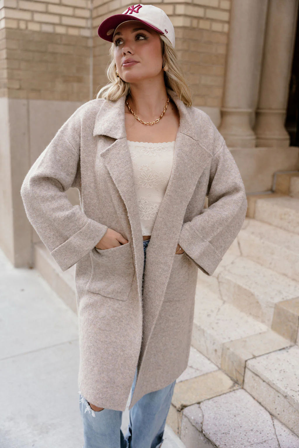 Farrah Oatmeal Knit Collared Jacket - Image 3