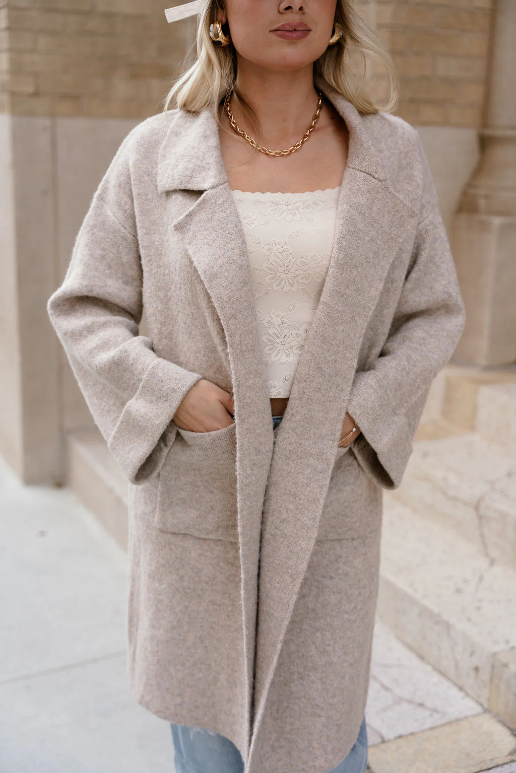 Farrah Oatmeal Knit Collared Jacket - Image 5