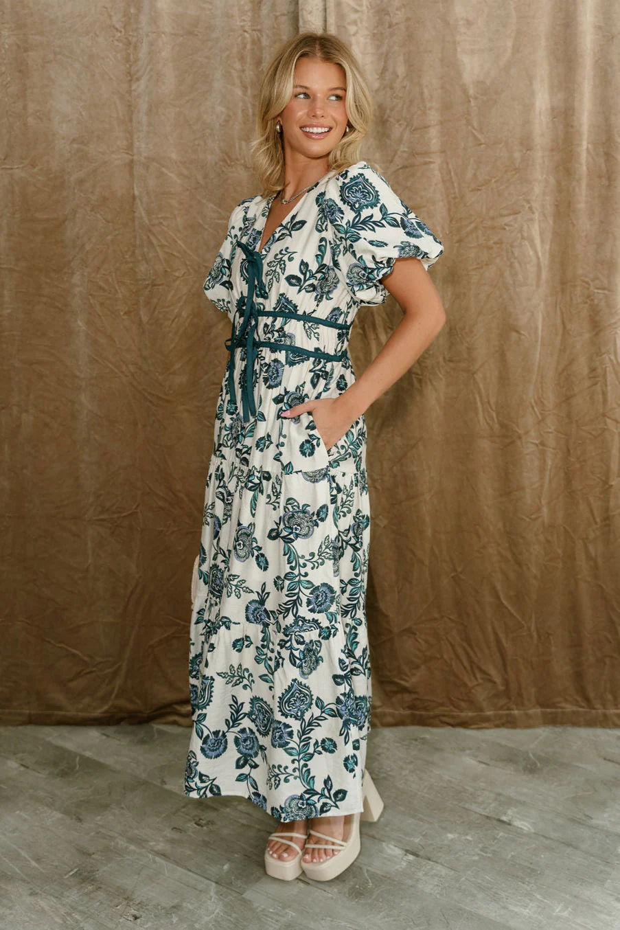 Farrah Teal Multi Floral Puff Sleeve Midi Dress - Image 4