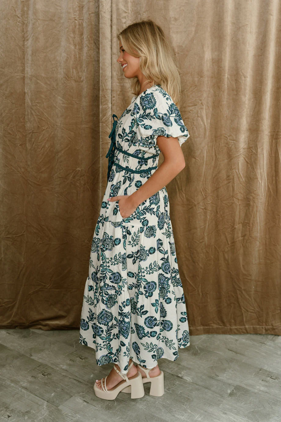 Farrah Teal Multi Floral Puff Sleeve Midi Dress - Image 5