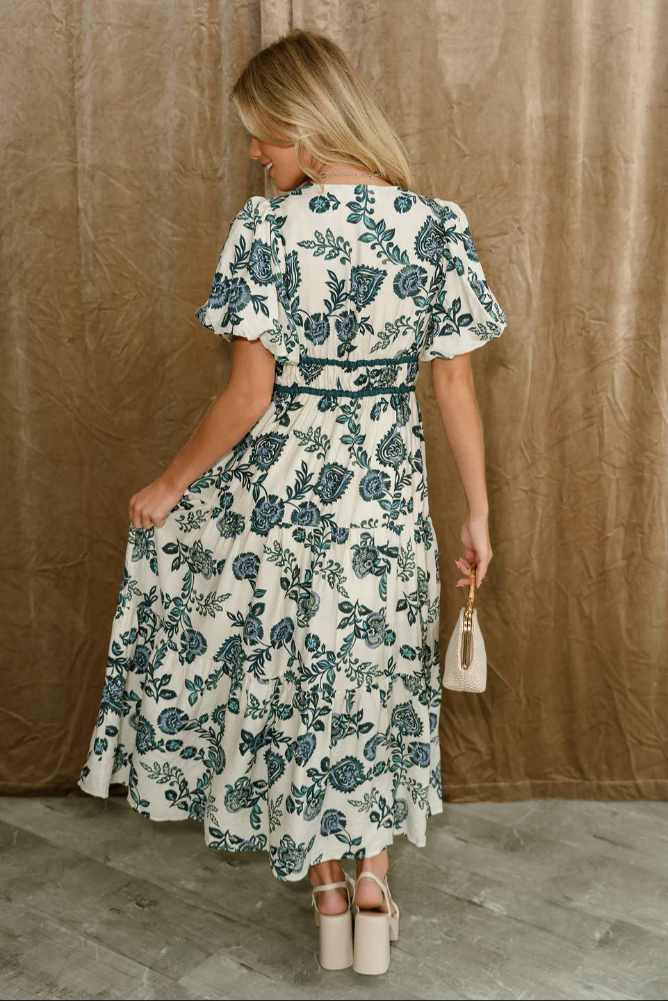 Farrah Teal Multi Floral Puff Sleeve Midi Dress - Image 7